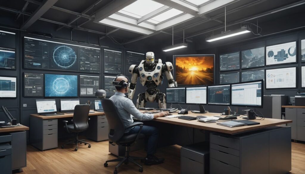 A team of professionals working with AI and automation in PPC audits in a high-tech office, featuring multiple screens displaying data and a robot assisting.