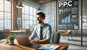 A business professional discussing PPC strategies in a modern office, ideal for understanding questions to ask before hiring a UK PPC agency.