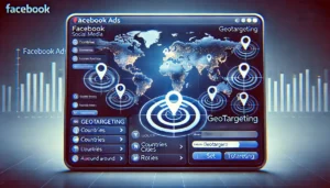 A Facebook Ads dashboard displaying geotargeting tools with a map highlighting targeted locations, demonstrating how geotargeting allows marketers to reach users based on specific locations.