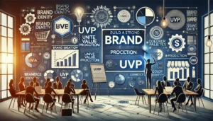 A branding workshop scene highlighting the creation of a Unique Value Proposition for eCommerce growth, with branding elements like logos and color palettes.