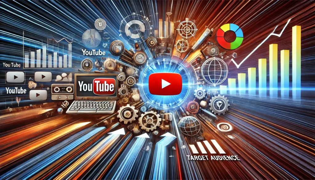 A timeline image illustrating the evolution of YouTube as a powerful marketing tool for businesses, starting from its launch in 2005 with retro video icons, leading to modern marketing strategies with analytics and business symbols surrounding the central YouTube logo.