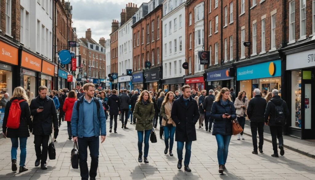 A busy UK high street with shoppers, illustrating the importance of mobile first marketing strategies as people increasingly use their smartphones for browsing and purchasing.