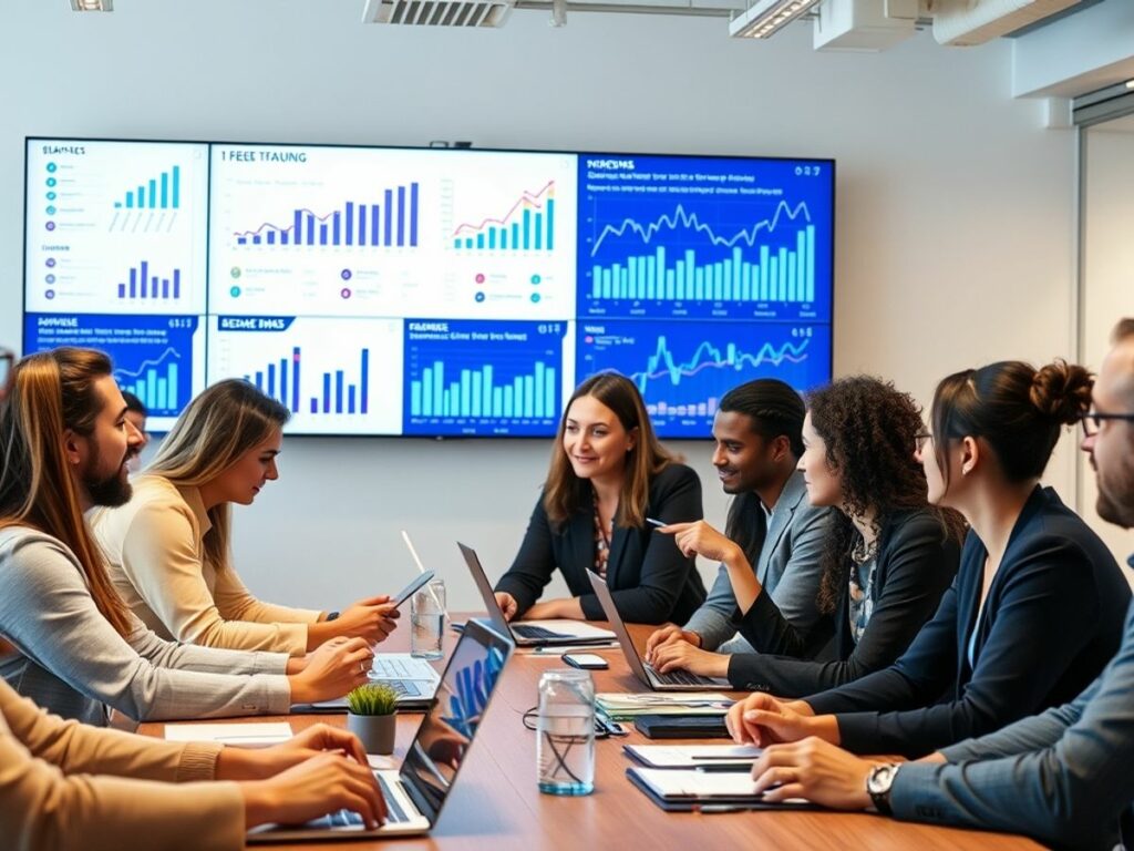 A team of marketing professionals discussing the Global Rollout of Performance Max campaigns during a strategy meeting, with data analytics displayed on large screens in the background.