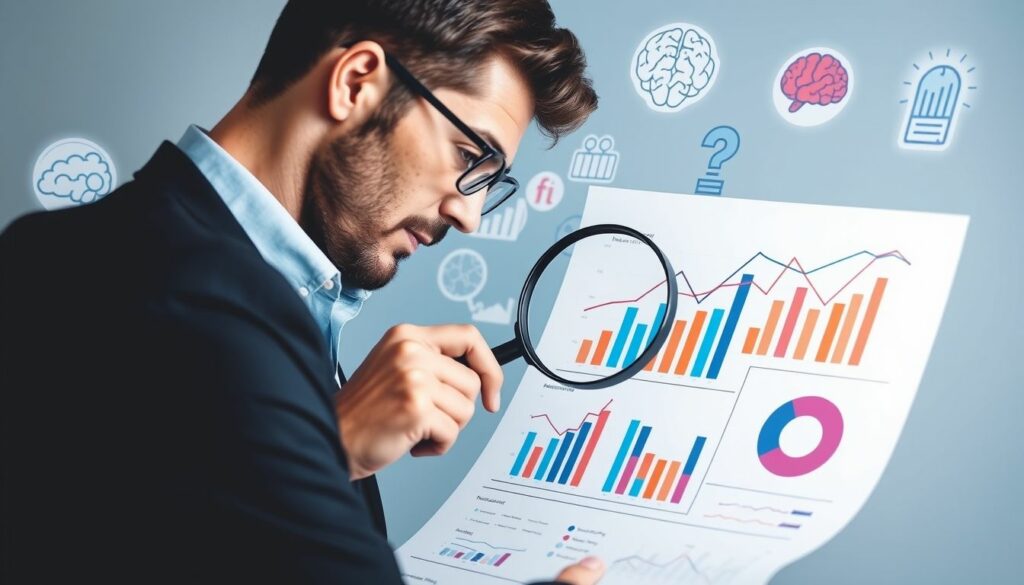 A focused business analyst using a magnifying glass to examine a report with various graphs and charts, aiming to boost CRO through data-driven strategies.