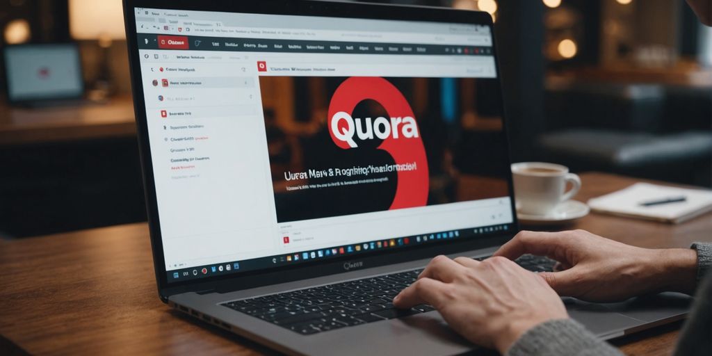 A person typing on a laptop with the Quora website open, displaying a Quora page.