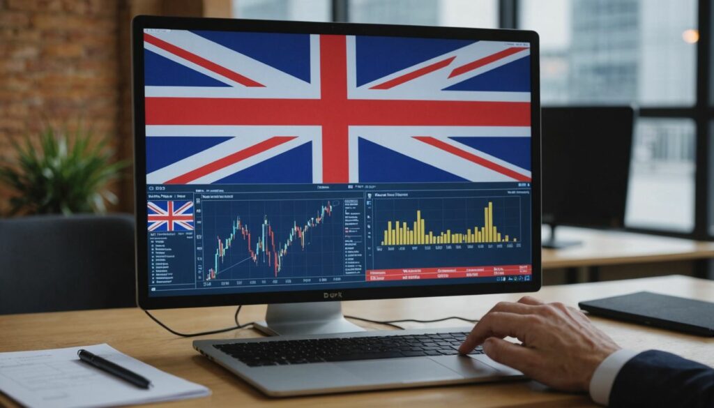 Professional analysing PPC data with UK flag. A computer monitor displaying the Union Jack flag alongside charts and graphs related to financial or market analysis. The screen shows detailed data and trends, while a hand is poised on a mouse, ready to interact with the content. The background includes a professional office setting with large windows.