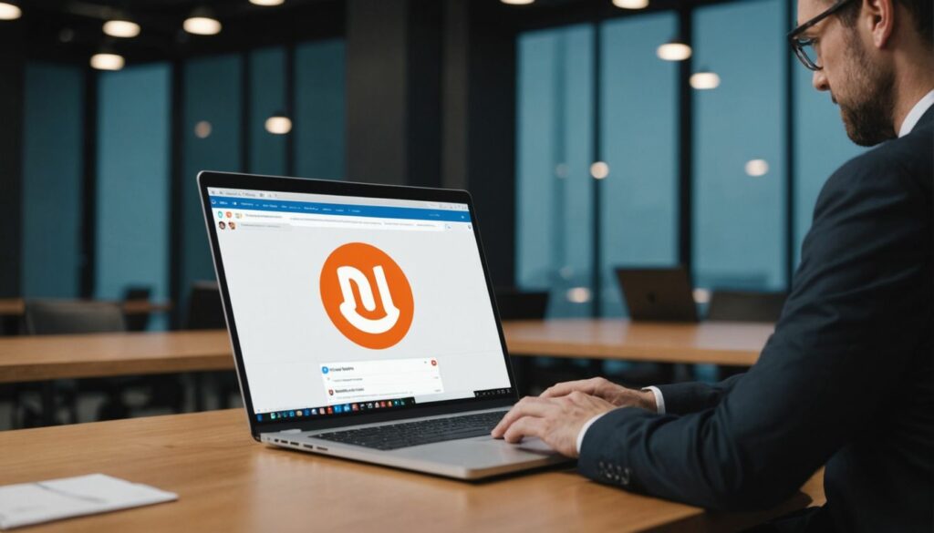 A businessperson in a modern office setting working on a laptop with a Reddit page open on the screen, displaying a prominent Reddit logo.