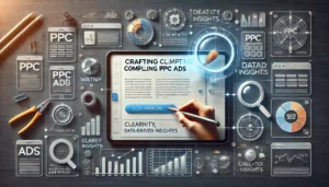 A modern visual showing a PPC ad creation process, with a digital ad highlighted on a web page. Surrounding it are symbols of creativity and strategy, including a pencil, graph, and magnifying glass, emphasizing the balance between clear ad copy, data insights, and an effective call-to-action.