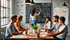 Is Your PPC Not Working Well? A creative team is brainstorming and crafting ad copy in a modern office, focusing on aligning messages with user intent to improve PPC performance.