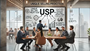 A diverse group of professionals collaborating in a modern office, focusing on a whiteboard displaying the phrase Unique Selling Proposition (USP) with charts and graphs.