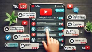 An image highlighting the importance of engaging with your audience on YouTube by responding to comments and feedback, showing a YouTube video page with interactive elements like thumbs up, hearts, and reply buttons.