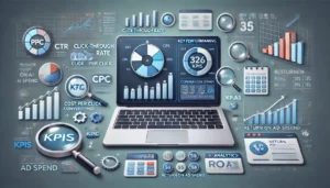 A professional dashboard illustrating how effective PPC marketing can be by displaying key performance indicators like Click-Through Rate (CTR), Cost Per Click (CPC), Conversion Rate, and Return on Ad Spend (ROAS) in charts and graphs.