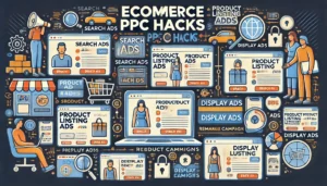 A visual representation of Ecommerce PPC Hacks, showcasing different types of PPC ads such as search ads, product listing ads, and display ads, helping businesses optimize their online advertising strategies.