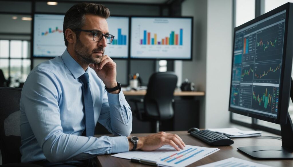 Business professional analysing data charts on computer.