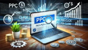 A graphic illustration showing how effective PPC marketing can be, with a laptop displaying a search engine and highlighted ads. A 'click' icon indicates user interaction, while surrounding symbols like coins, graphs, and keywords visually represent the PPC marketing model.