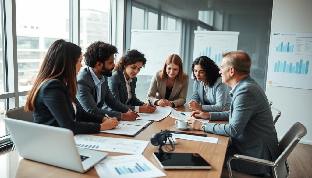 A team of professionals discussing the 5 C's of audit finding during a meeting, focusing on collaborative analysis and decision-making in a corporate setting.