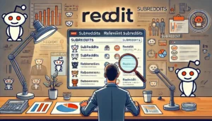 A businessperson conducting research on Reddit, searching for relevant subreddits related to various industries, with icons representing different communities displayed on a computer screen.