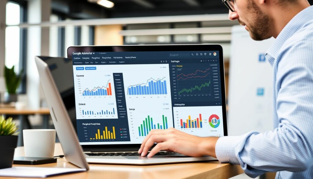 A professional working on the Google Adwords PPC Playbook, analyzing campaign performance metrics on a laptop screen displaying various graphs and charts.