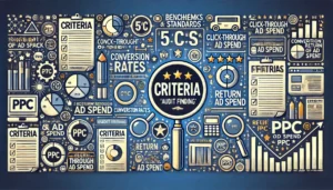 A graphic illustrating the 5 C's of audit finding with a focus on 'Criteria,' showing benchmarks and performance metrics for PPC campaigns.