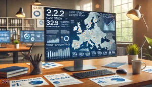 A digital marketing workspace with a monitor displaying a PPC campaign dashboard for European markets, showcasing the success of a UK PPC eCommerce agency in expanding a UK brand.