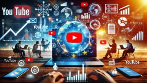 A vibrant image showcasing the YouTube interface on a laptop, surrounded by business and marketing icons, highlighting the evolution of YouTube as a marketing tool.