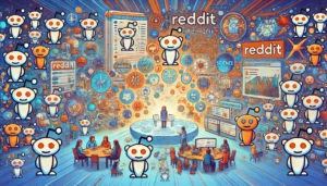 A vibrant illustration depicting various Reddit subreddit communities, each represented by unique icons, showing a central figure engaging with diverse content such as technology, gaming, and science.