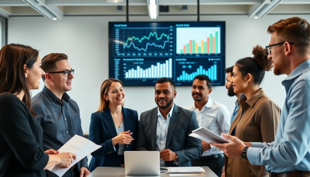 A group of professionals are gathered in a modern office, discussing goals and performance metrics displayed on screens in the background. The team appears engaged and collaborative, reflecting a successful meeting on progress and strategy.