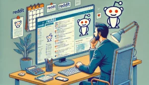 A businessperson observing Reddit on a computer screen, reviewing a feed with discussions and comments in various subreddits, surrounded by notes and a calendar for daily check-ins.