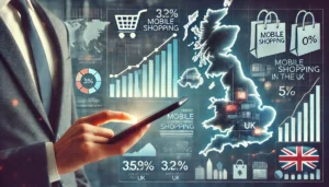 A hand holding a smartphone with a shopping app open, illustrating mobile first marketing as a bar graph shows the rise in mobile shopping trends in the UK.