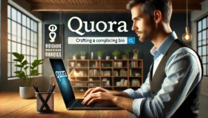 A professional individual typing on a laptop with the Quora logo on the screen, in a modern, stylish office setting. The background includes bookshelves, plants, and motivational posters. The individual appears focused and confident, wearing business casual attire.