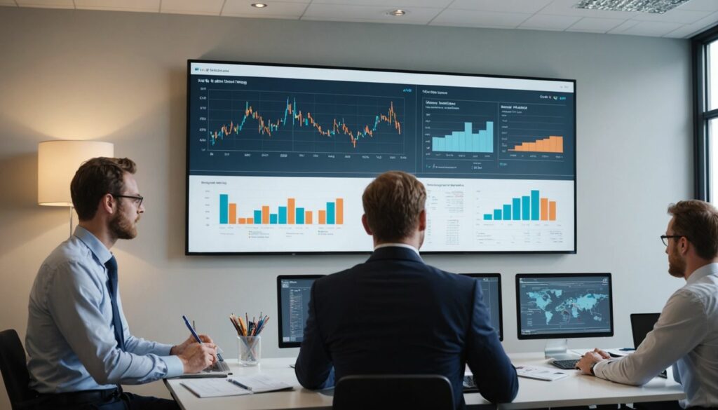 A group of professionals analysing data on large screens, focusing on effective PPC management strategies to optimize ad performance and increase return on investment.