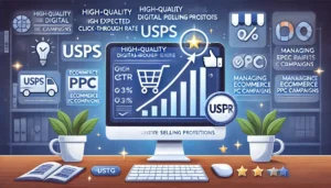 Quality Score Optimisation: A digital ad with a high Expected Click-Through Rate (CTR) on a computer screen, featuring a graph with an upward trend and visual elements like check marks, thumbs-up icons, and shopping carts, highlighting unique selling propositions.