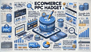 A visual guide to Ecommerce PPC Hacks, focusing on budgeting and bidding strategies, illustrating the process of setting a realistic PPC budget using tools like Google Ads Keyword Planner and past campaign data.