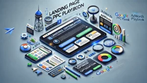 A visually compelling representation of the Google Adwords PPC Playbook, highlighting the key elements of optimizing landing pages with clear headlines, relevant images, and strong calls to action.