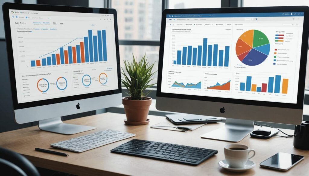 UK business scene with PPC metrics and graphs. A modern office desk with two computer screens displaying detailed analytics dashboards. The screens show various charts, including bar graphs and pie charts, indicating data analysis and performance metrics. The desk also features a potted plant, a cup of coffee, a smartphone, and a keyboard, all in a well-lit environment with a cityscape visible through the windows.