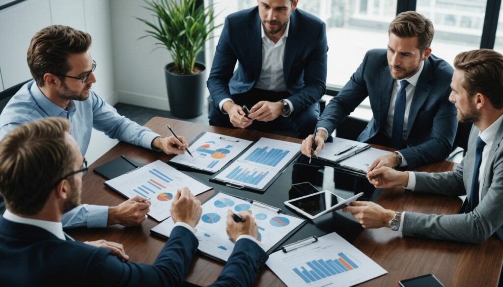 A group of business professionals in suits engaged in a focused meeting around a conference table, discussing charts and graphs on tablets and documents. The scene represents collaboration and strategic planning.