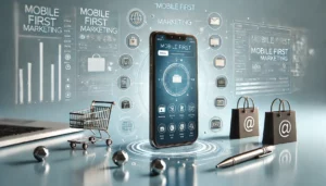 A smartphone displaying an ecommerce platform interface, surrounded by shopping icons, exemplifying mobile first marketing in a digital workspace.