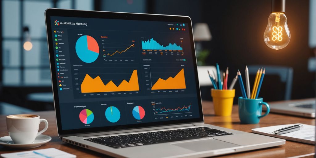 Laptop with marketing icons and analytics dashboard. A laptop on a desk displaying a colourful analytics dashboard with various charts and graphs. The workspace includes a coffee cup, a notebook, and a set of pens in colourful holders. A warm light bulb hangs above, creating a cosy and focused atmosphere.