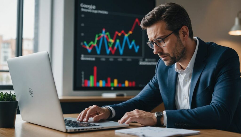 A focused business professional working on a laptop, with a data analytics dashboard displaying colourful graphs and charts in the background, representing Google Ads performance analysis.