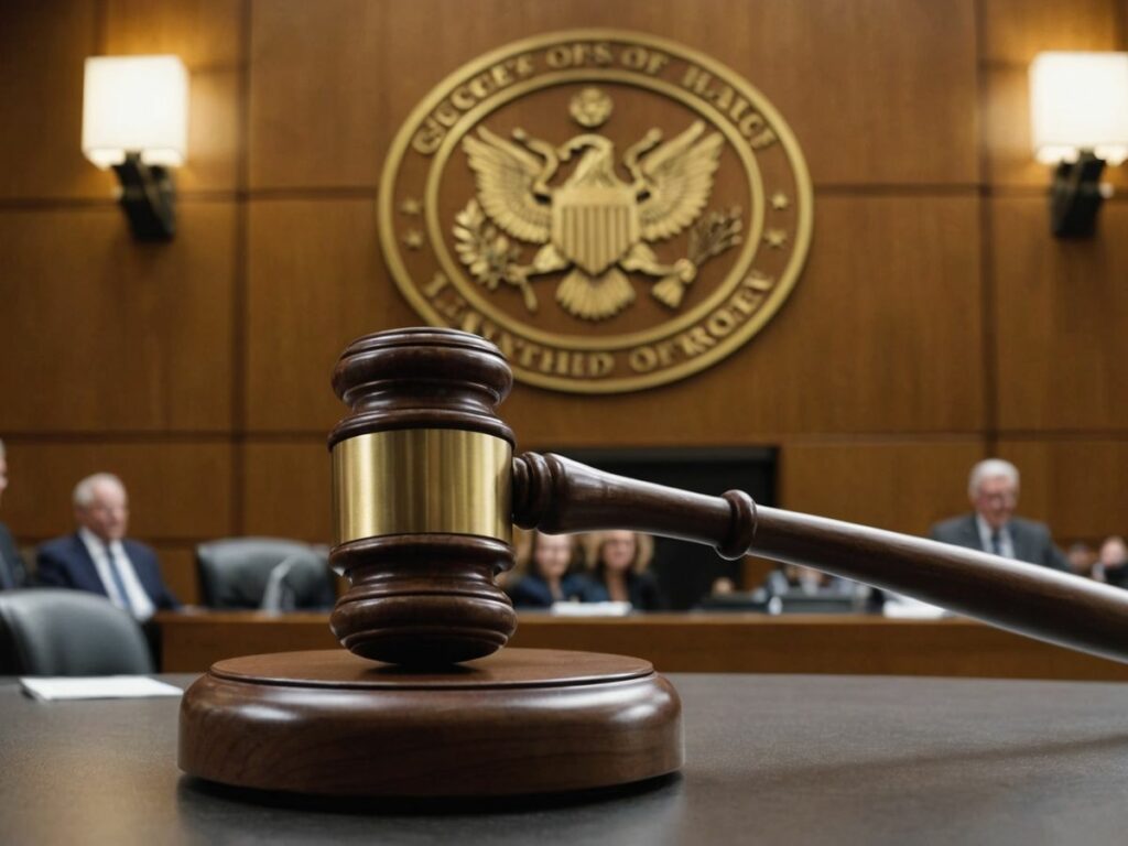 A courtroom scene with a judge's gavel in focus, representing legal proceedings involving Google and the U.S. Justice Department.