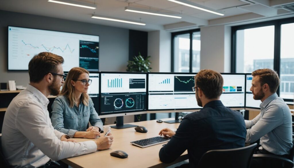 A focused team of marketing professionals discussing omnichannel marketing expertise in a modern office environment, surrounded by multiple screens displaying data and analytics.