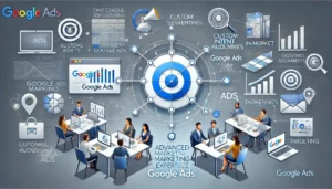 An illustration showcasing omnichannel marketing expertise with Google Ads, emphasizing advanced targeting techniques like custom intent audiences and in-market segments.