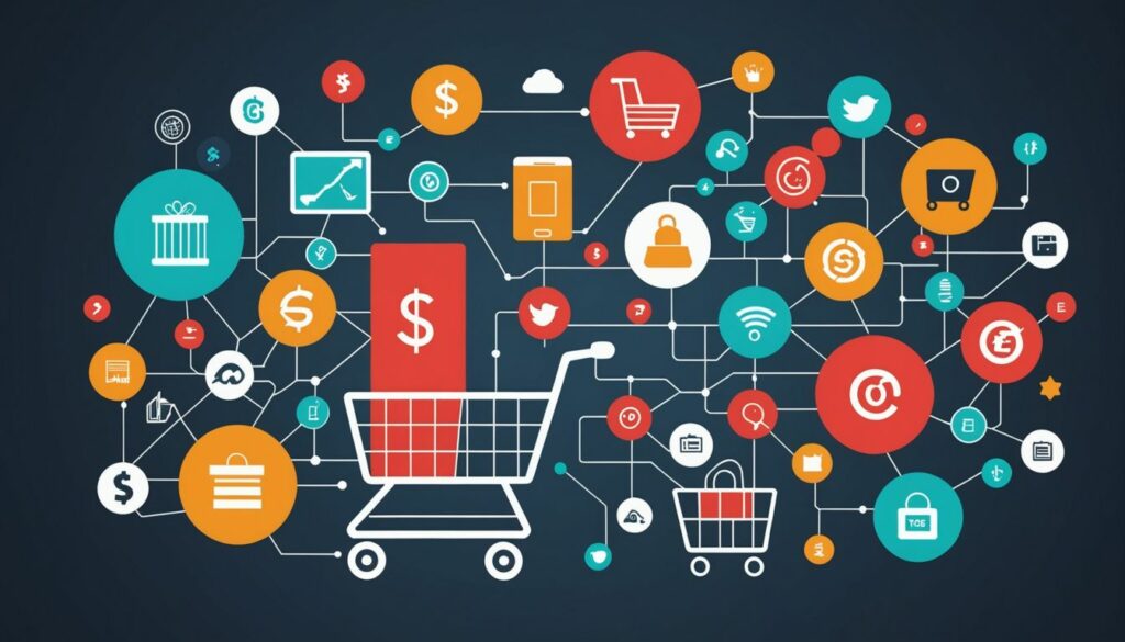 A complex network of icons connected to a shopping cart, symbolizing various digital elements that contribute to eCommerce growth.