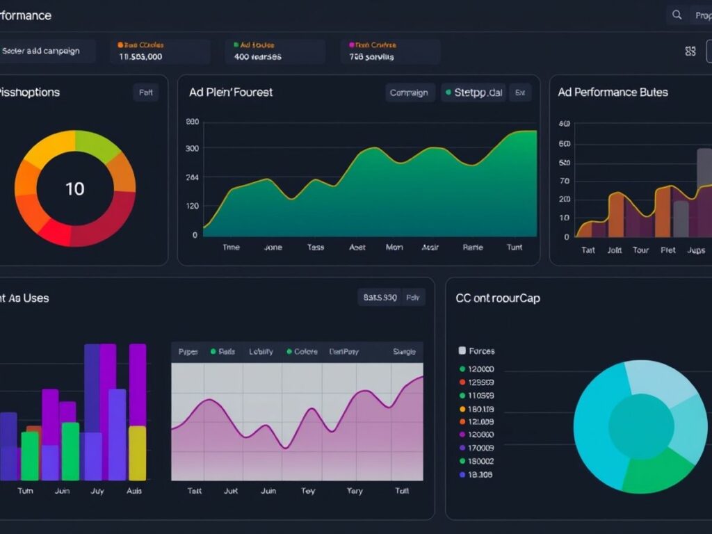 A detailed digital dashboard displaying various analytics and performance metrics, including bar charts, line graphs, and pie charts, representing different aspects of ad campaign performance and data analysis.