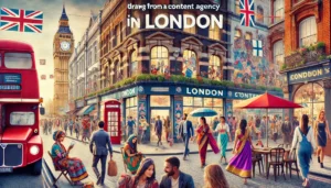  A vibrant street scene in London showcasing the cultural diversity that a content agency in London can draw from to create engaging content, with people from various backgrounds interacting amidst multicultural shops and street art.