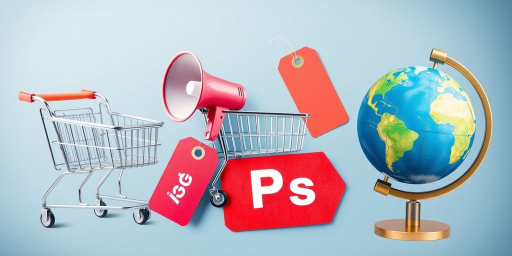 A conceptual image representing The 4Ps of Marketing, including elements like shopping carts, price tags, a megaphone, and a globe, symbolizing Product, Price, Place, and Promotion.