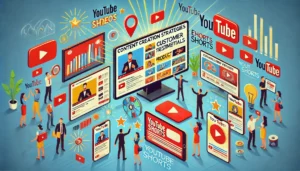 A visually engaging image illustrating effective content creation strategies for YouTube, featuring customer testimonials, product demonstrations, and explainer videos across various devices, along with dynamic YouTube Shorts.