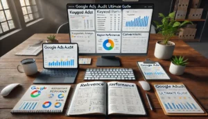 A digital workspace dedicated to keyword performance analysis for a Google Ads audit, featuring a Google Ads dashboard displaying keyword data, including relevance and performance metrics, as outlined in the Google Ads Audit Ultimate Guide.