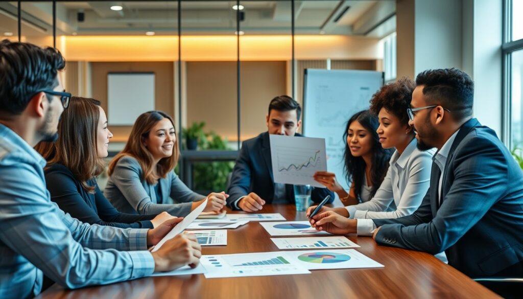 A diverse marketing team in a UK office discussing strategies, essential for a guide to choosing a PPC agency.