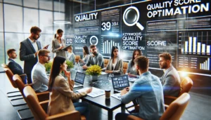 A team of marketing professionals collaborating in a modern office, analysing charts and data on large screens with a focus on Quality Score Optimisation.